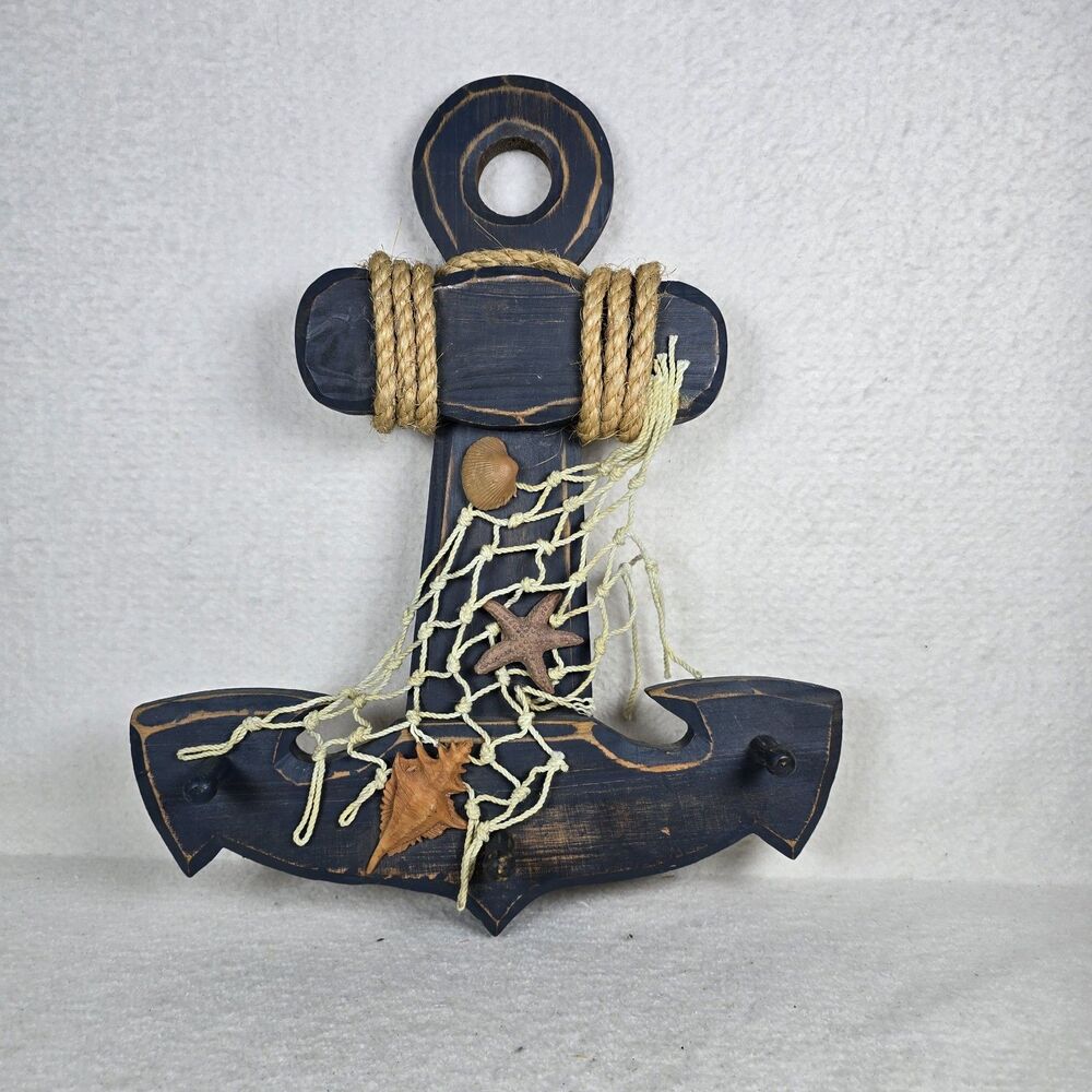 Nautical Coastal Seaside Wooden Wall Anchor With 3 Pegs Blue 17x14